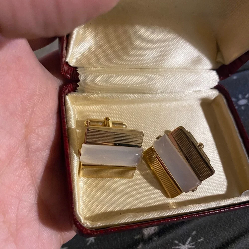 Vintage Towncraft Penney's Gold Tone White Stone Rectangular Cufflinks with Box